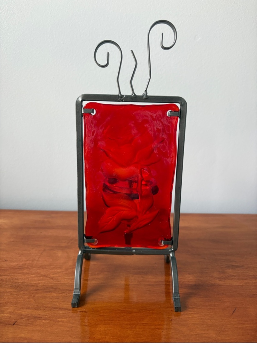 Red Glass Art Panel on Metal Easel